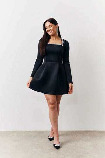 Black Embellished Neckline Black Mini Dress